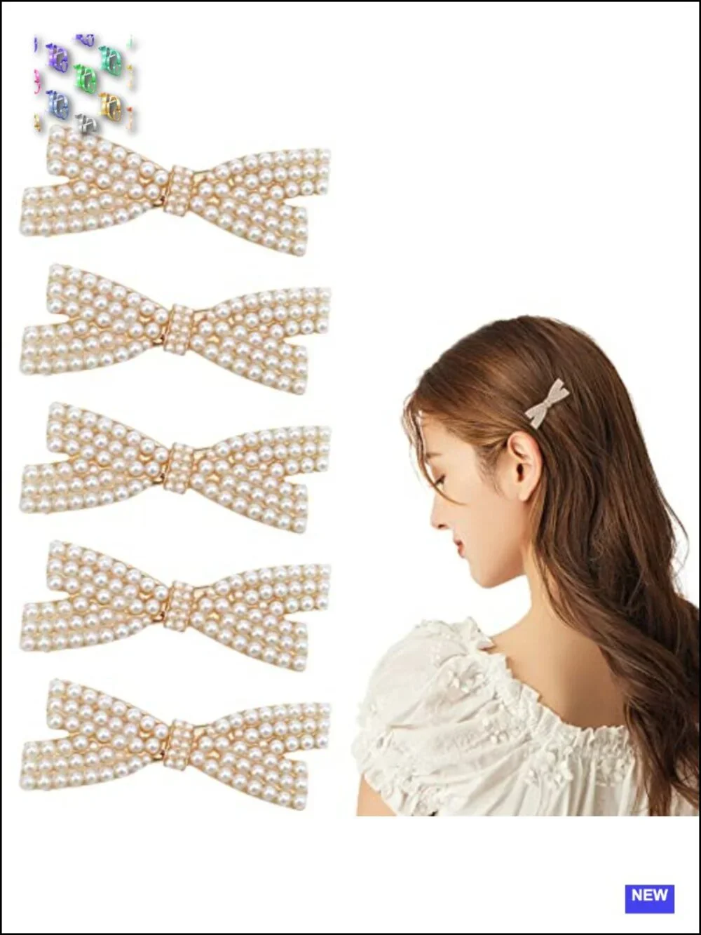 5 Pearl Bow Hair Clips Duckbill Claw Clips Gold Metal Hair Pins